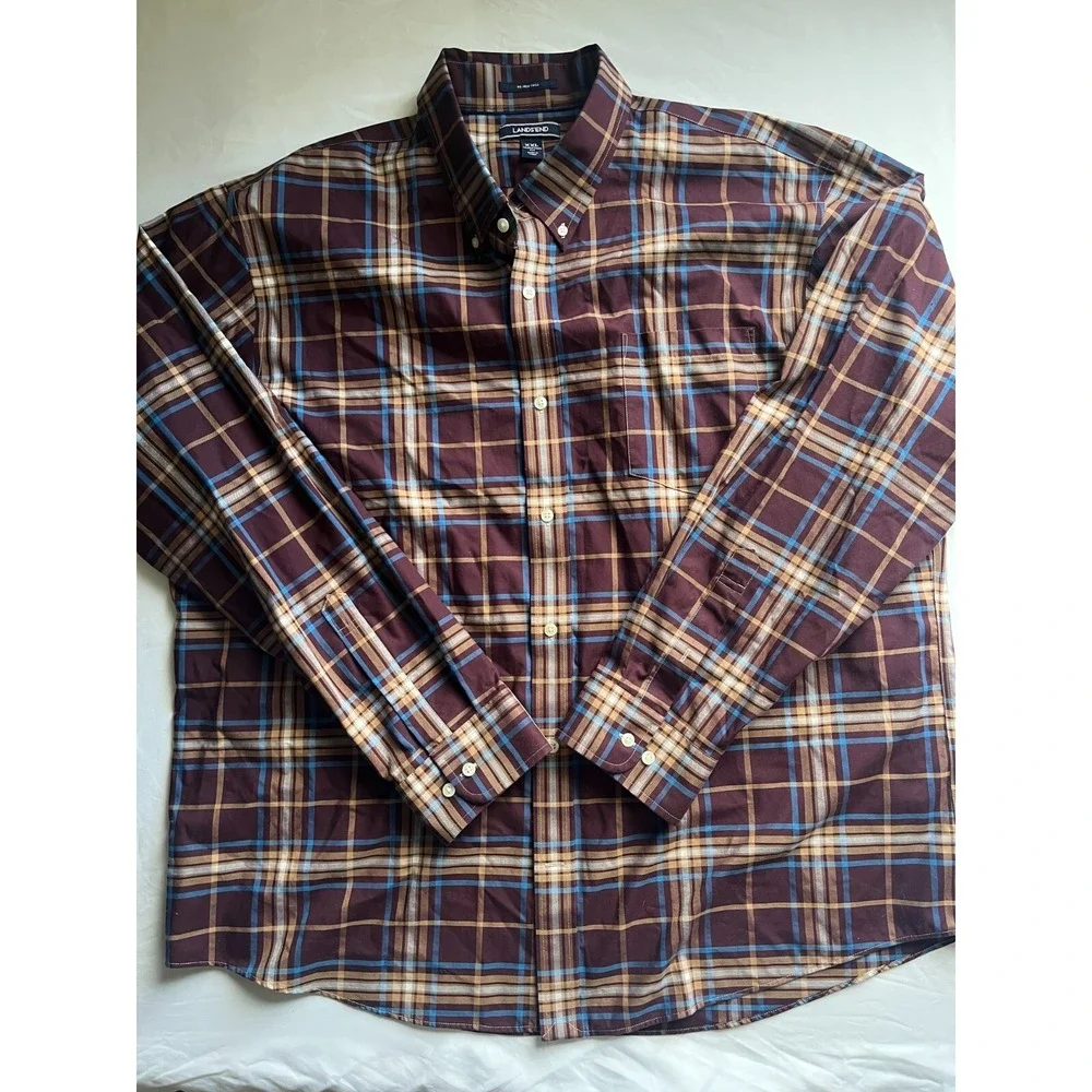 Land's End Men's Dress Shirt Size XXL Button Up Plaid No Iron Traditional Fit